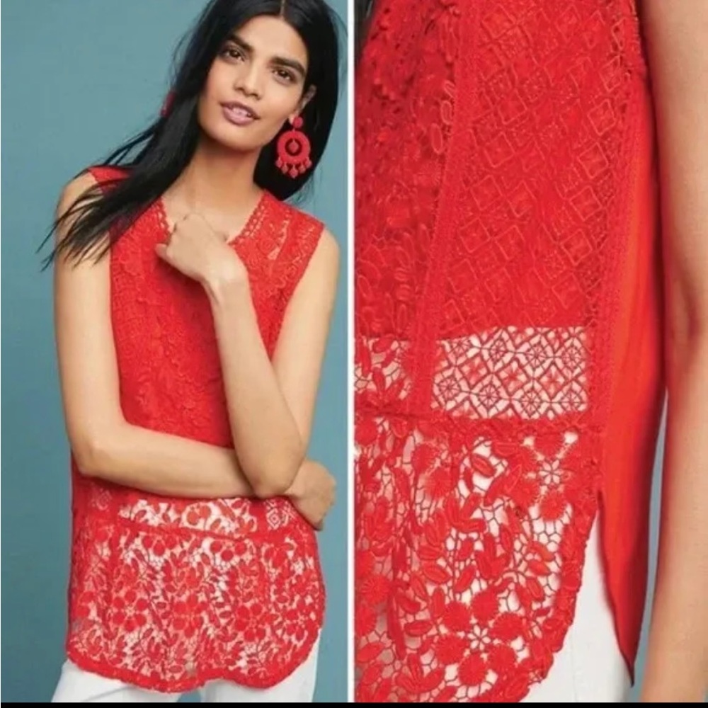 Anthropologie "Tiny" Gardenia Lace Tunic Tank Red Orange S Small